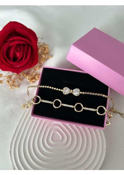 Taşlı Yonca Çiçek Bileklik Ezme Zincir Bileklik Altın Renk 2'li Vip Xuping Set Sevgiliye Hediye indirimleri