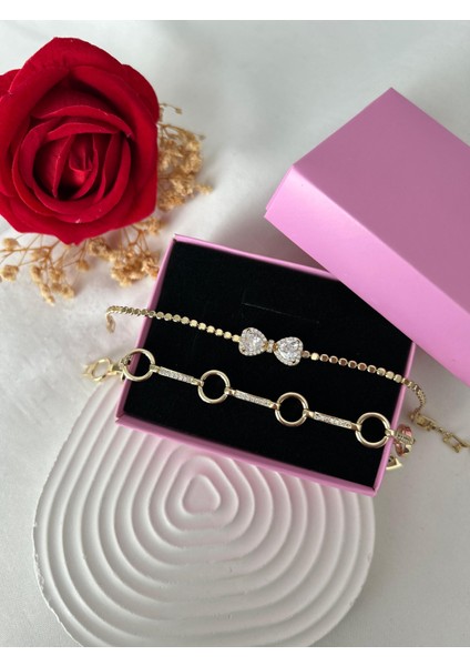 Taşlı Yonca Çiçek Bileklik Ezme Zincir Bileklik Altın Renk 2'li Vip Xuping Set Sevgiliye Hediye