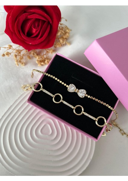 Taşlı Yonca Çiçek Bileklik Ezme Zincir Bileklik Altın Renk 2'li Vip Xuping Set Sevgiliye Hediye