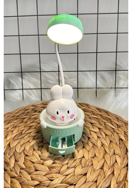 Sevimli Tavşan Tasarımlı Şarjlı Masa Lambası, LED Işık ve Sticker Hediyeli