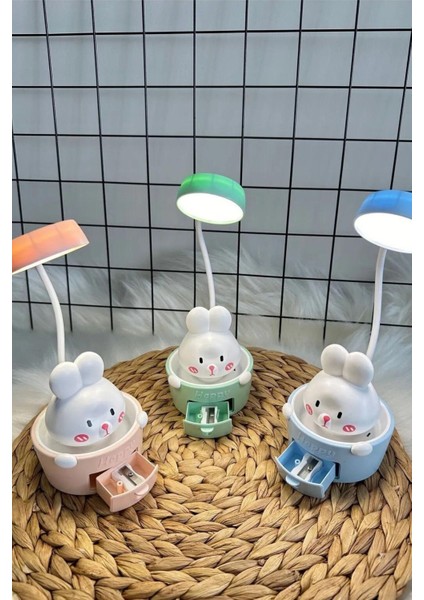 Sevimli Tavşan Tasarımlı Şarjlı Masa Lambası, LED Işık ve Sticker Hediyeli