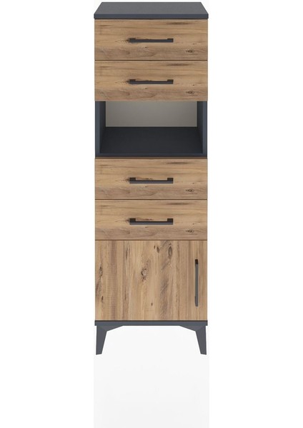 Arges Dolap Tek Raflı 4 Çekmeceli Tek Kapaklı 44X30X134 Antrasit-Çam