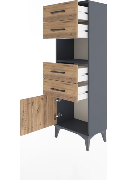Arges Dolap Tek Raflı 4 Çekmeceli Tek Kapaklı 44X30X134 Antrasit-Çam fırsatları