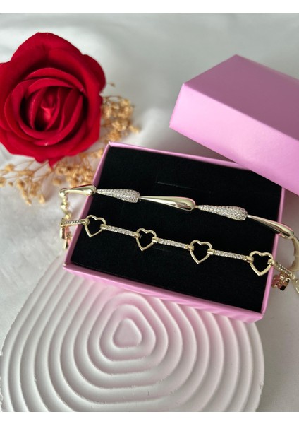 Taşlı Yonca Çiçek Bileklik Ezme Zincir Bileklik Altın Renk 2'li Vip Xuping Set Sevgiliye Hediye