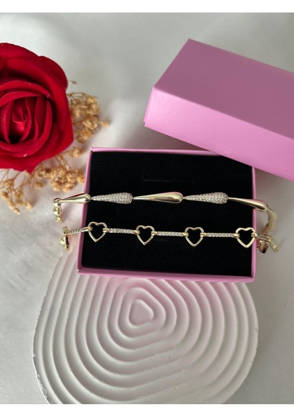Taşlı Yonca Çiçek Bileklik Ezme Zincir Bileklik Altın Renk 2'li Vip Xuping Set Sevgiliye Hediye modelleri