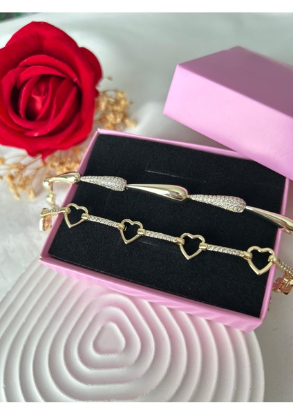 Taşlı Yonca Çiçek Bileklik Ezme Zincir Bileklik Altın Renk 2'li Vip Xuping Set Sevgiliye Hediye