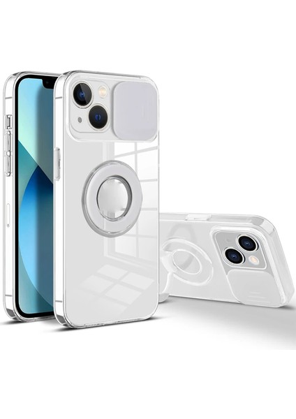 Ally iPhone 13 Mini 5.4inç Kılıf Sürgülü Kamera Lens Korumalı Yüzük Standlı Silikon KILIF-(1903)