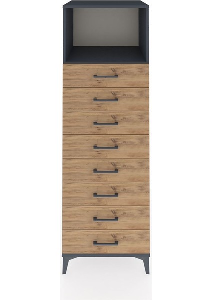 Kronos Dolap Tek Raflı 8 Çekmeceli 60X59X182 Antrasit-Çam