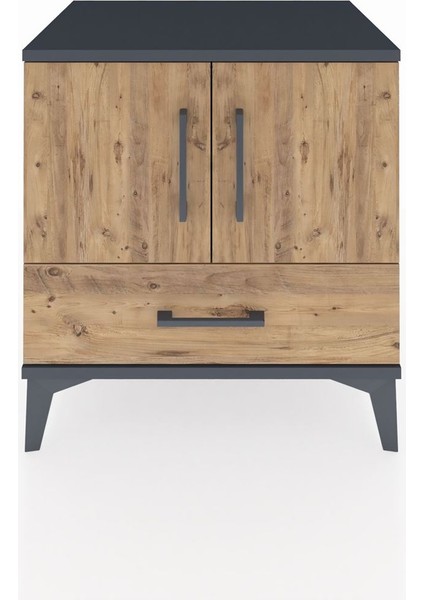 Hyperion Komodin 2 Raflı Tek Çekmeceli 2 Kapaklı 60X44X64 Antrasit-Çam