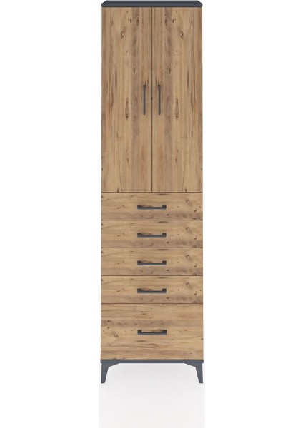 Arges Dolap 3 Raflı 5 Çekmeceli 2 Kapaklı 60X30X221 Antrasit-Çam