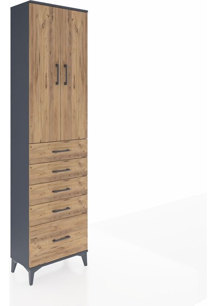 Arges Dolap 3 Raflı 5 Çekmeceli 2 Kapaklı 60X30X221 Antrasit-Çam fiyatları