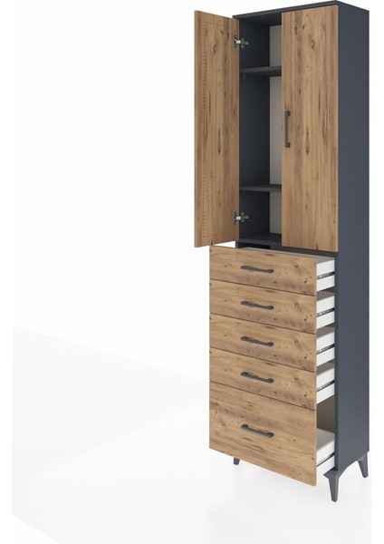 Arges Dolap 3 Raflı 5 Çekmeceli 2 Kapaklı 60X30X221 Antrasit-Çam fırsatları