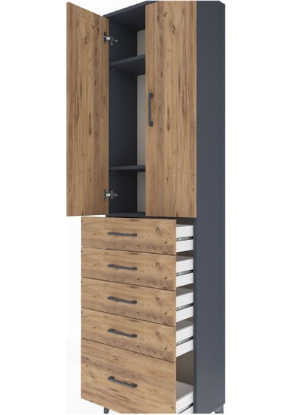 Arges Dolap 3 Raflı 5 Çekmeceli 2 Kapaklı 60X30X221 Antrasit-Çam indirimleri