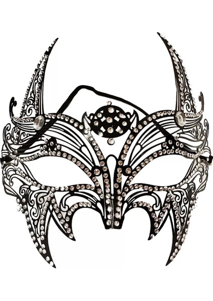 Siyah Renk Lazer Kesim Üzeri Kristal Taşlı Metal Lüks Maske Balo Parti (4172)