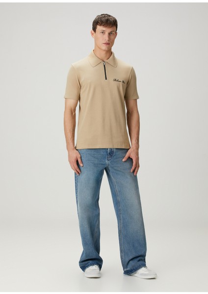 Bej Polo Yaka Logo Nakışlı T-Shirt fiyatları