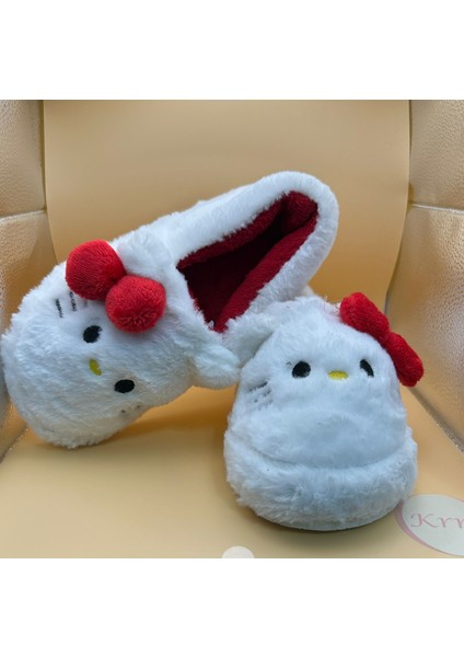 Sevimli Kedi Desenli Kurdeleli Peluş Panduf