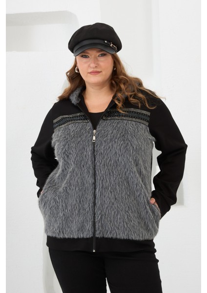 Büyük Beden Kadın Fermuarlı Peluş Detaylı Eşofman Üst