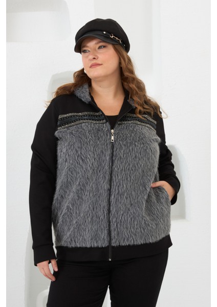 Büyük Beden Kadın Fermuarlı Peluş Detaylı Eşofman Üst indirimleri