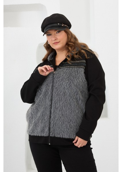 Büyük Beden Kadın Fermuarlı Peluş Detaylı Eşofman Üst