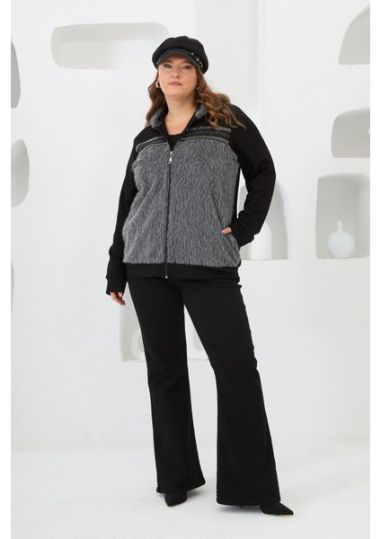 Büyük Beden Kadın Fermuarlı Peluş Detaylı Eşofman Üst