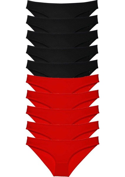 10 Adet Süper Eko Set Likralı Kadın Slip Külot Siyah Kırmızı