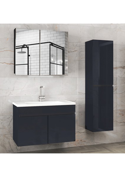 Viola1 Siyah 80+35 cm Ayna Dolaplı, Boy Dolaplı Seramik Lavabolu Mdf Banyo Dolabı Seti--Hazır Kurulu--