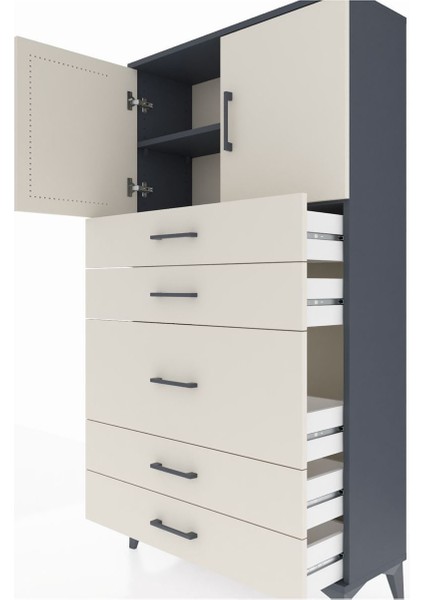 Arges Dolap 2 Raflı 5 Çekmeceli 2 Kapaklı 88X30X163 Antrasit-Aytaşı indirimleri