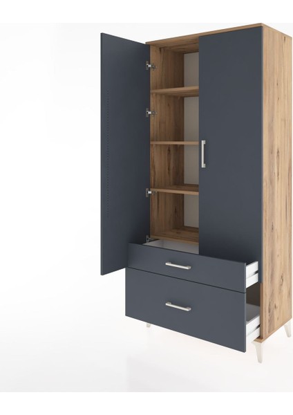 Hyperion Dolap 4 Raflı 2 Çekmeceli 2 Kapaklı 88X44X195 Çam-Antrasit fırsatları