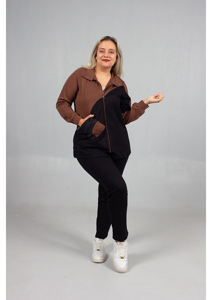 Taş Detaylı Şıklık! Büyük Beden Siyah Kahve Eşofman Takımı