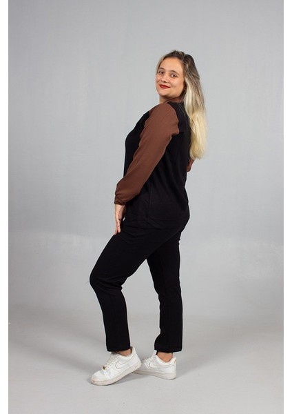 Taş Detaylı Şıklık! Büyük Beden Siyah Kahve Eşofman Takımı fiyatları
