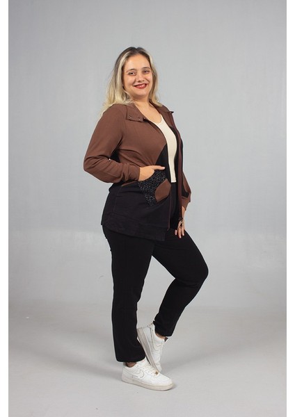 Taş Detaylı Şıklık! Büyük Beden Siyah Kahve Eşofman Takımı modelleri