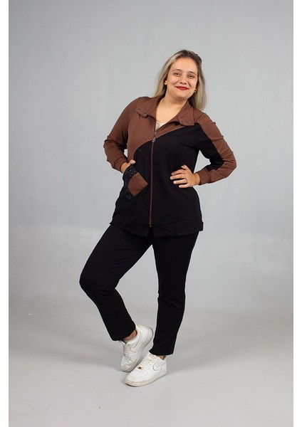 Taş Detaylı Şıklık! Büyük Beden Siyah Kahve Eşofman Takımı fırsatları