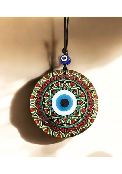 Kırmızı Çiçek Desenli ve Nazar Boncuklu El Yapımı Füzyon Cam Duvar Süsü fiyatları