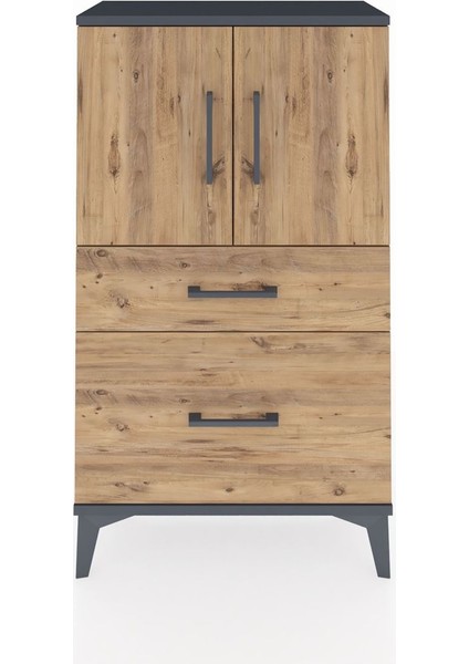 Arges Komodin 2 Raflı 2 Çekmeceli 2 Kapaklı 60X30X106 Antrasit-Çam