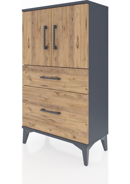 Arges Komodin 2 Raflı 2 Çekmeceli 2 Kapaklı 60X30X106 Antrasit-Çam indirimleri