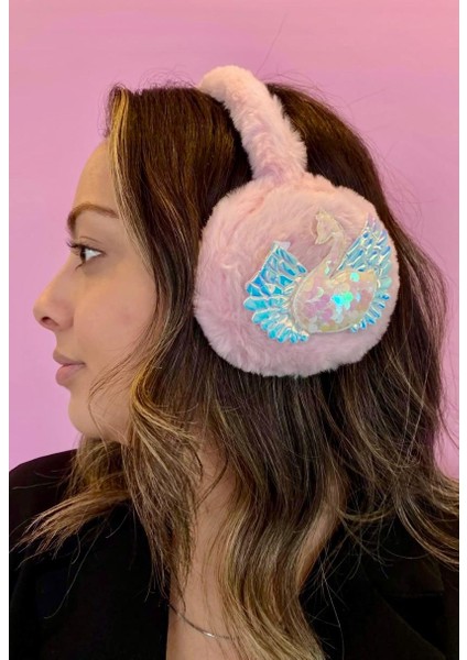 Pembe Renk Kuğu Detaylı Payetli Peluş Kışlık Kulaklık