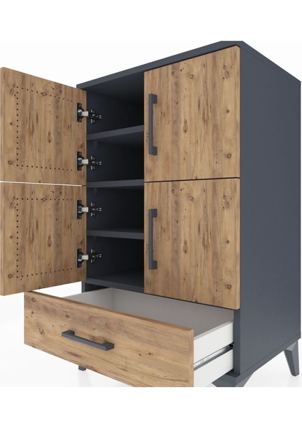 Hyperion Komodin 4 Raflı Tek Çekmeceli 4 Kapaklı 60X44X96 Antrasit-Çam indirimleri