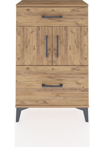 Arges Komodin Tek Raflı 2 Çekmeceli 2 Kapaklı 60X30X96 Çam-Çam