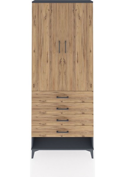 Arges Dolap 3 Raflı 4 Çekmeceli 2 Kapaklı 88X30X221 Antrasit-Çam