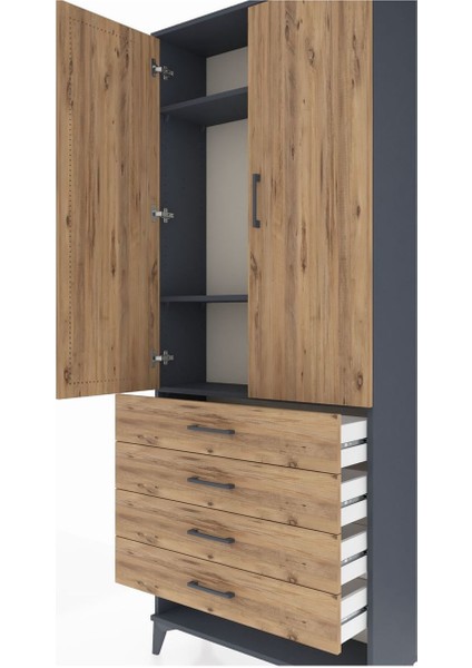 Arges Dolap 3 Raflı 4 Çekmeceli 2 Kapaklı 88X30X221 Antrasit-Çam indirimleri