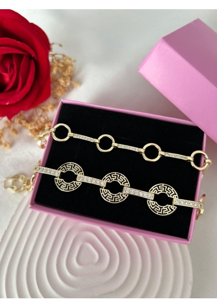 Taşlı Yonca Çiçek Bileklik Ezme Zincir Bileklik Altın Renk 2'li Vip Xuping Set Sevgiliye Hediye