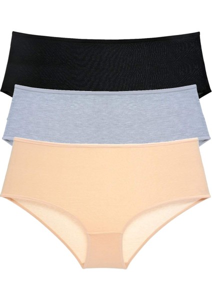 3 Adet Kadın Yüksek Bel Bato Külot Siyah Gri Ten