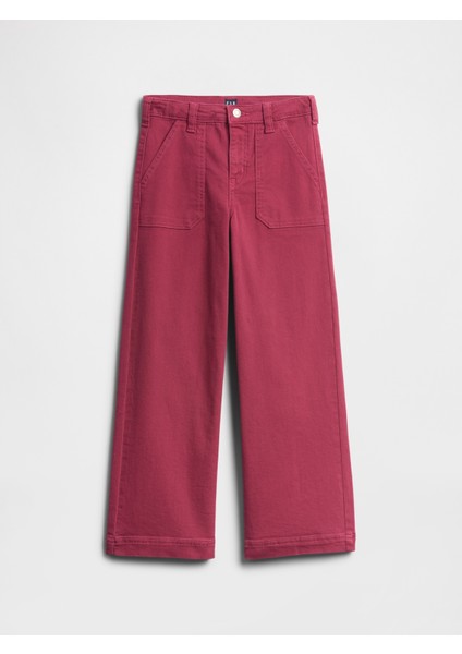 Kız Çocuk Koyu Pembe High Rise Utility Wide-Leg Jean Pantolon