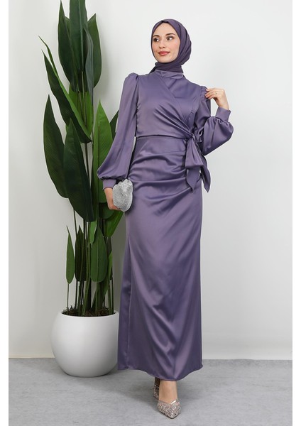 Saten Yan Kuşaklı Elbise Soft Lila