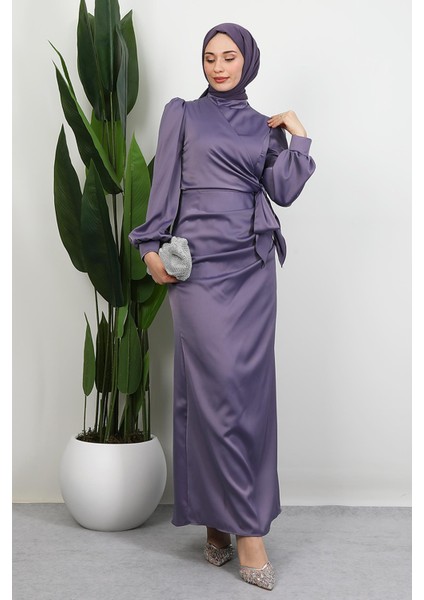 Saten Yan Kuşaklı Elbise Soft Lila fiyatları