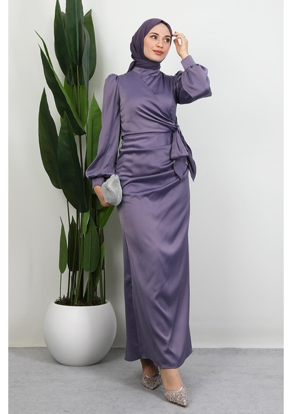 Saten Yan Kuşaklı Elbise Soft Lila modelleri