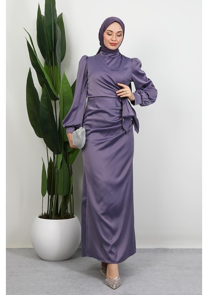Saten Yan Kuşaklı Elbise Soft Lila fırsatları