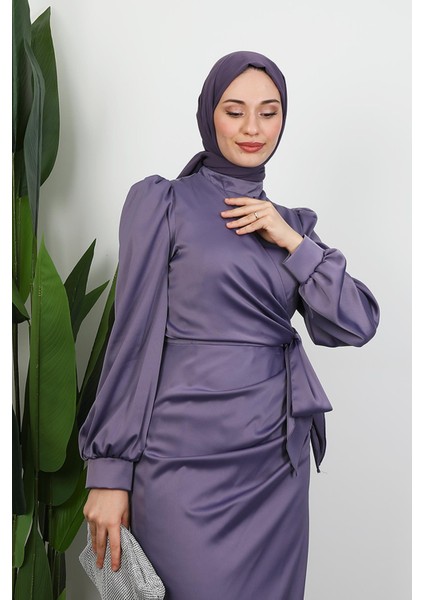 Saten Yan Kuşaklı Elbise Soft Lila indirimleri