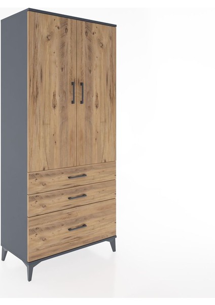 Hyperion Dolap 4 Raflı 3 Çekmeceli 2 Kapaklı 88X44X195 Antrasit-Çam fiyatları