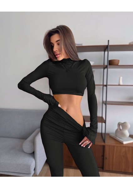Kadın Crop Üst ve Ispanyol Paça Tayt Siyah Takım
